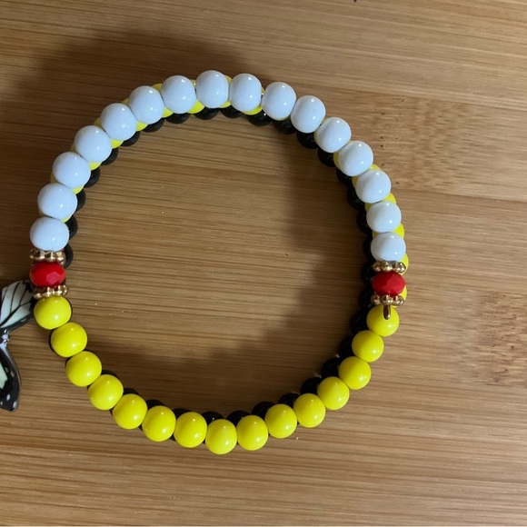 Hand Crafted Wrap Bracelet with Butterfly Charm Yellow Black Red White Bead - Picture 6 of 7